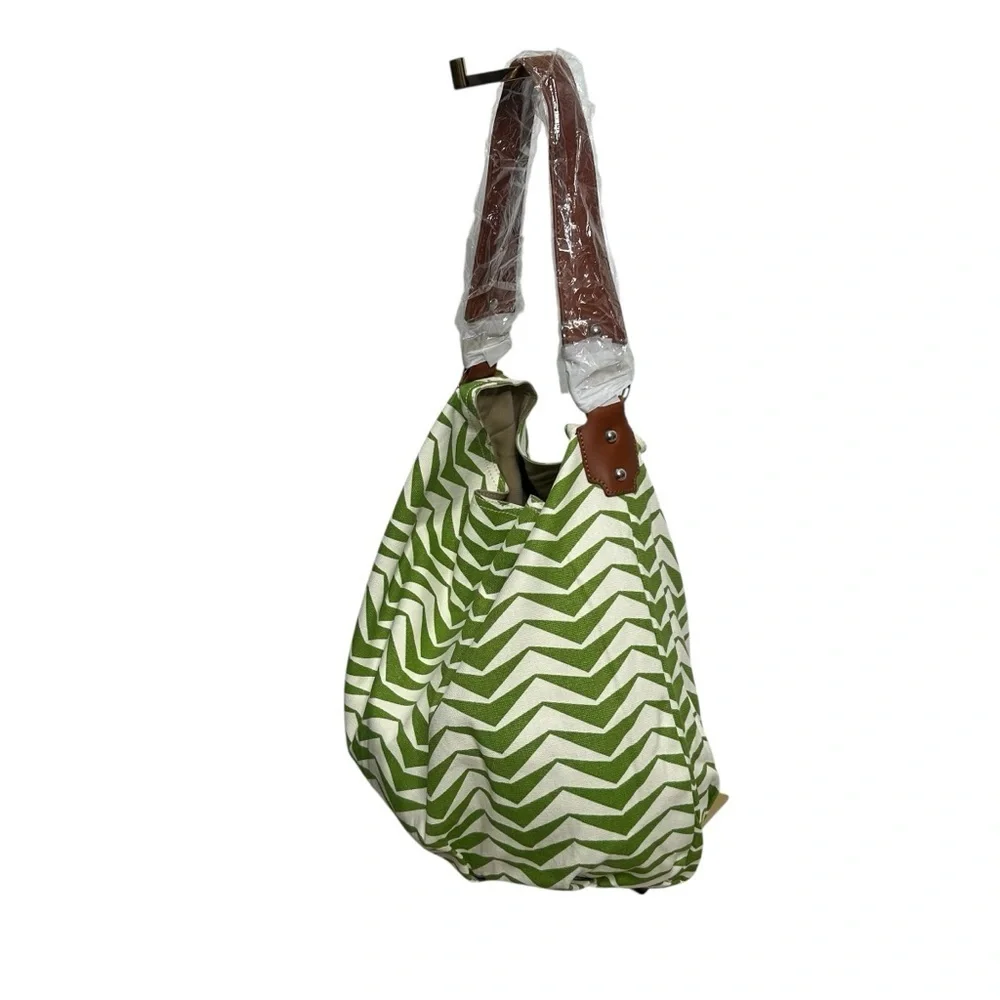 Halsea Dunes Bucket Bag Green Chevron Leather Trim Cotton Canvas Beach Chic Bag
